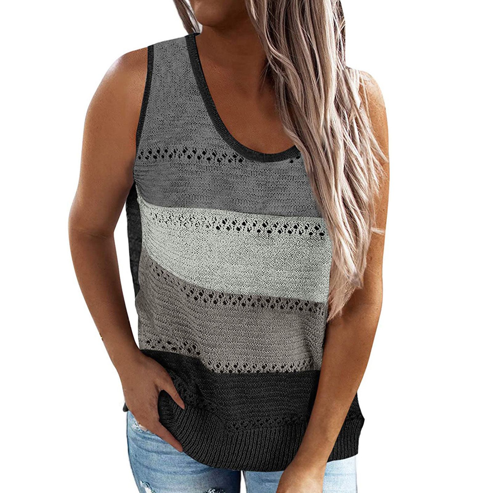 Knitted Vest Patchwork Ribbing Hem Women Vest