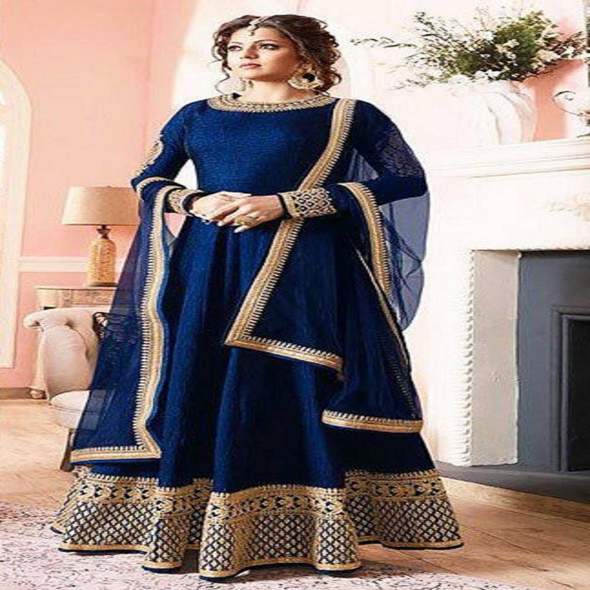Unstitched Blue Half Silk Gown For Women