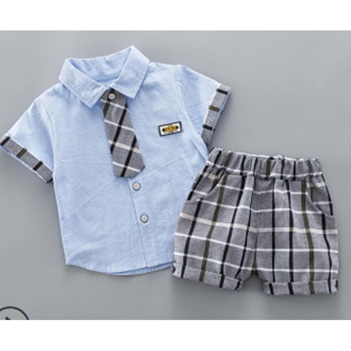 Boy's Clothing Set, Plaid Lapel Short Sleeve T-shirt and Shorts Two-piece Suit for Birthday Party Photography