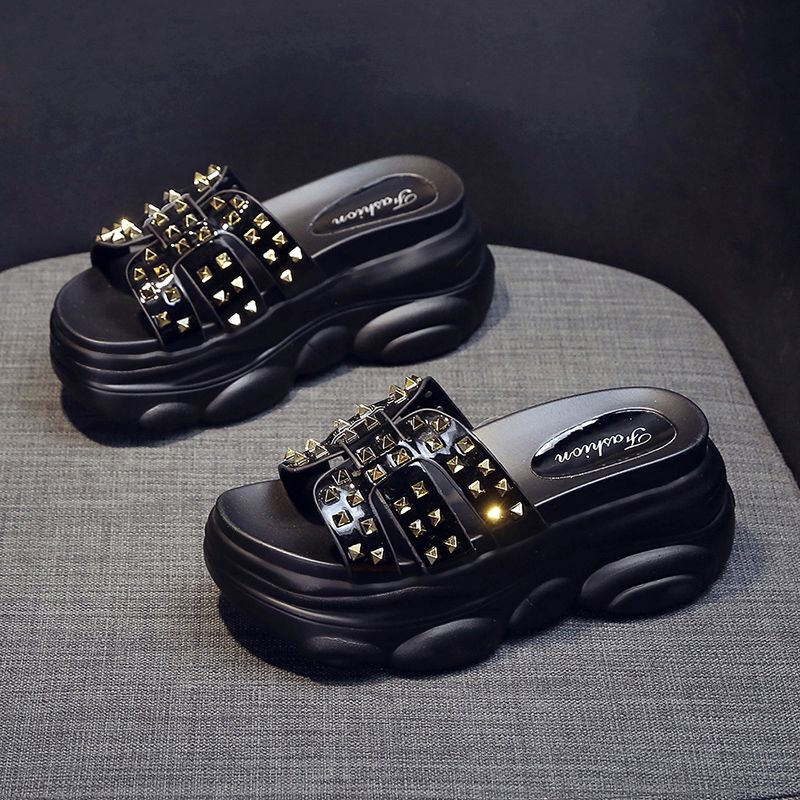 9cm/3.5 Inch mm Height Wedge Slides Platform Slippers Rivet Female Outer Wear Slippers Summer Elevator Slippers Flat Platform Shoes