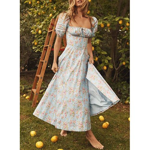 Summer Dress Women Short Puff Sleeve Flroal Printed Ruched Party High Split Long Maxi Dresses Drawstring Vestidos Sundress
