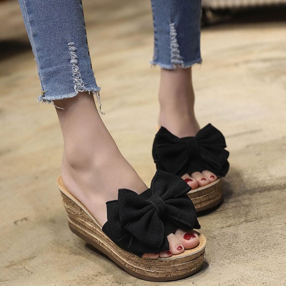 【ALLGOOD】New Style Autumn Winter Women Fashion Solid Color Bow Wedges Slipper Open Toe Sandals Kitten Heels Shoes