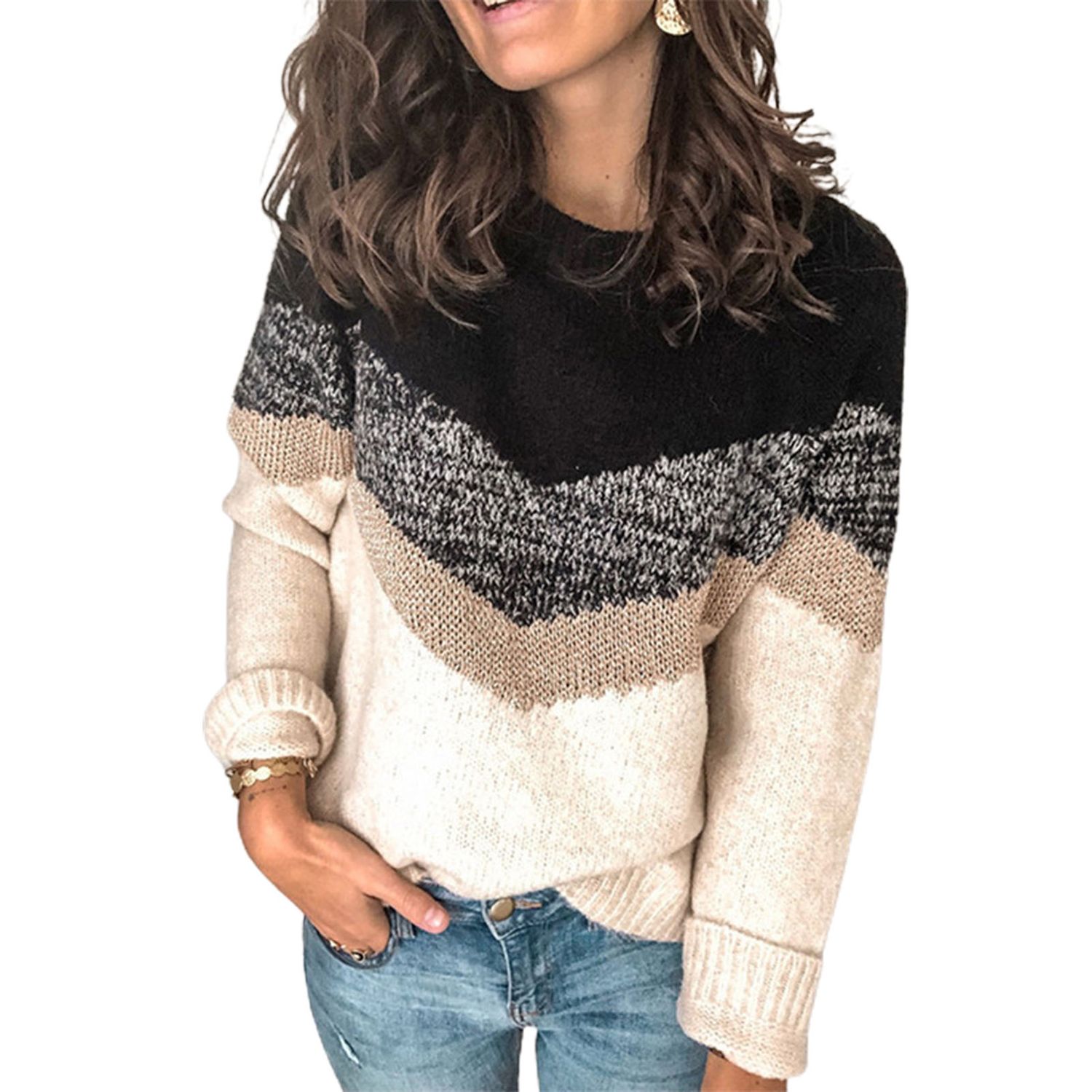 Pullover Sweater Stretchy Stripes Patchwork Print Sweater