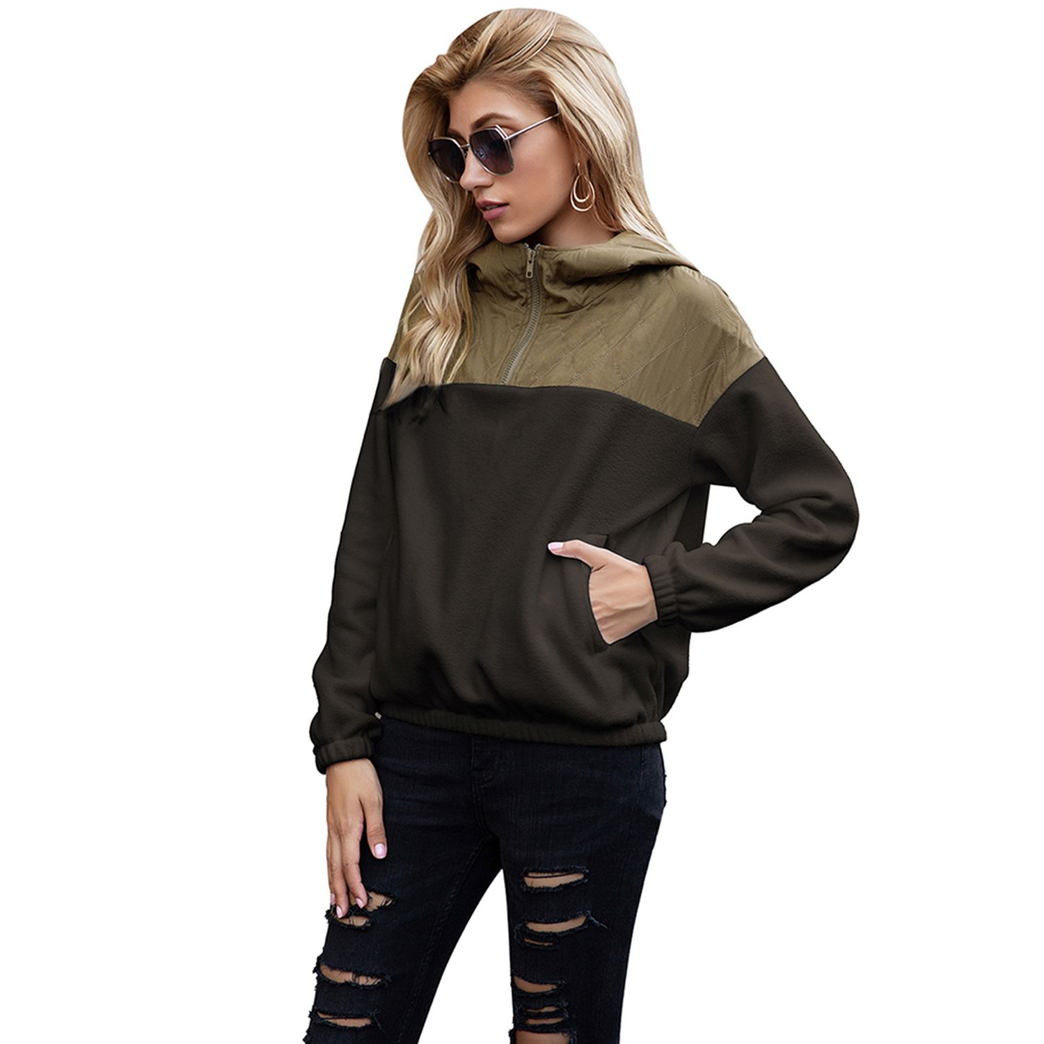 2021 Women Fleece Patchwork Hooded Pullover Sweatshirts, Zipper High Neck Long Sleeve Hoodies Coat with P