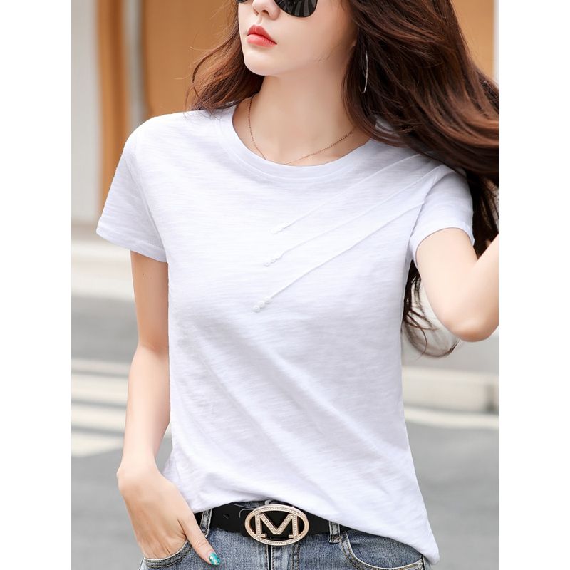Short sleeve Summer Women Ribbed Cotton Tee-shirts Female Button Loose Casual fashion T-shirts 2021 Blue O-Neck Korea Tops S-3XL