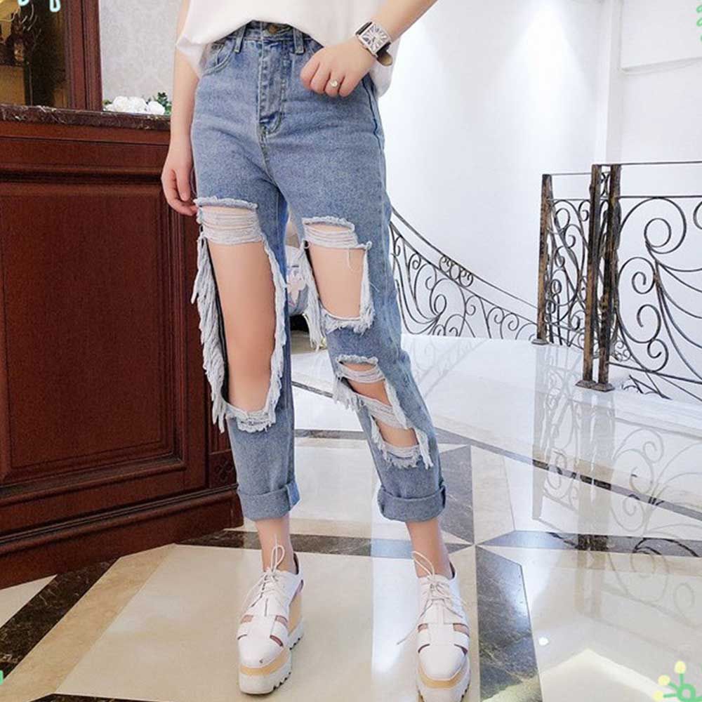 Women’s Ripped Jeans Spring Autumn High Waist Ankle-Length Loose Denim Jeans
