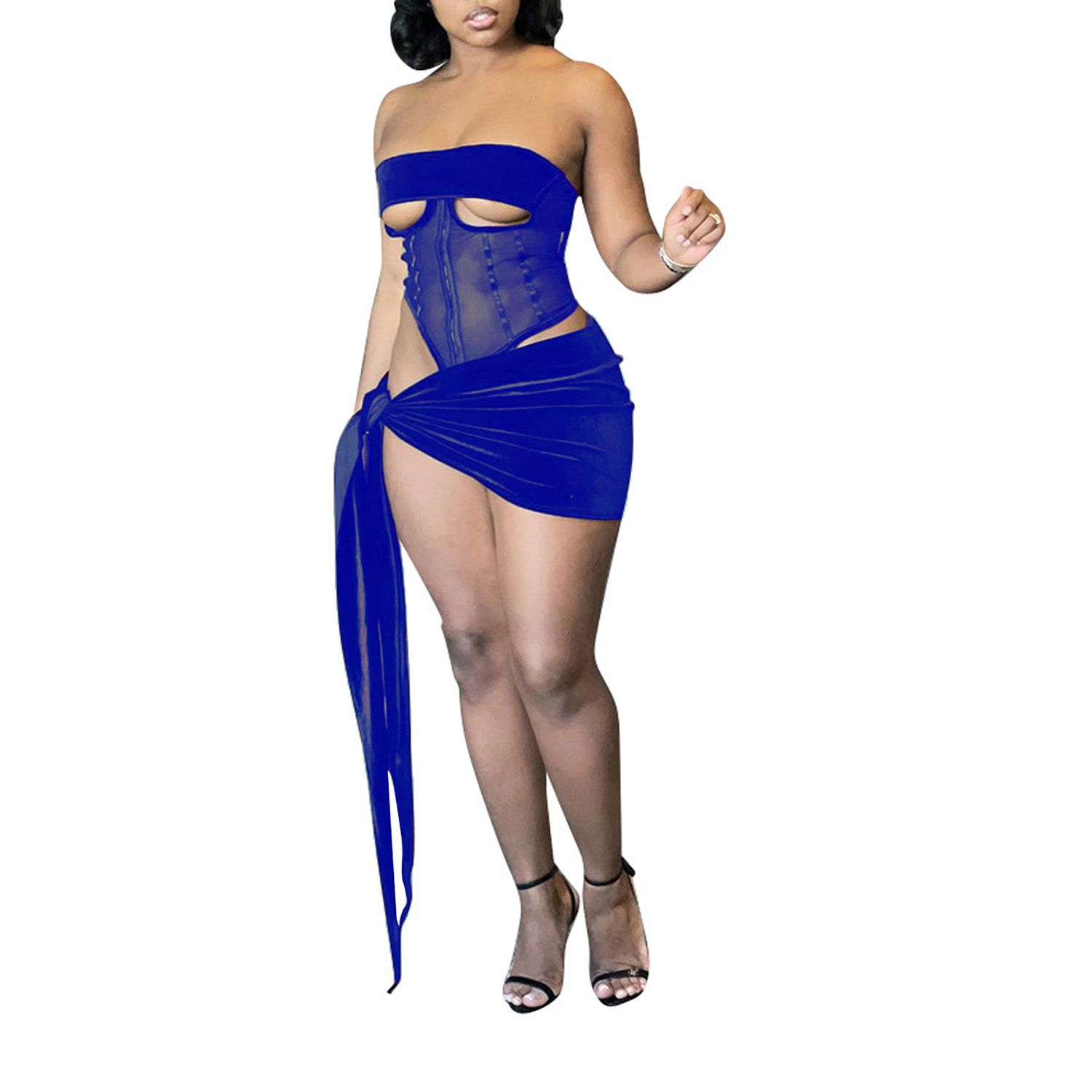 Mesh Corset Tops, Mini Bandage Skirt, See-Through 2 Pieces Sets Wrapped Tight Vest Party Half Dress