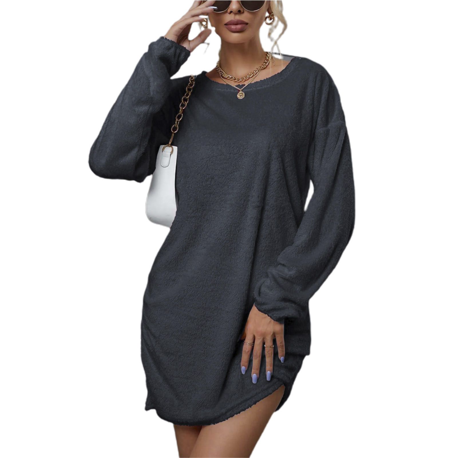 Ladies Dress Above Knee Length Pure Color Warm Dress