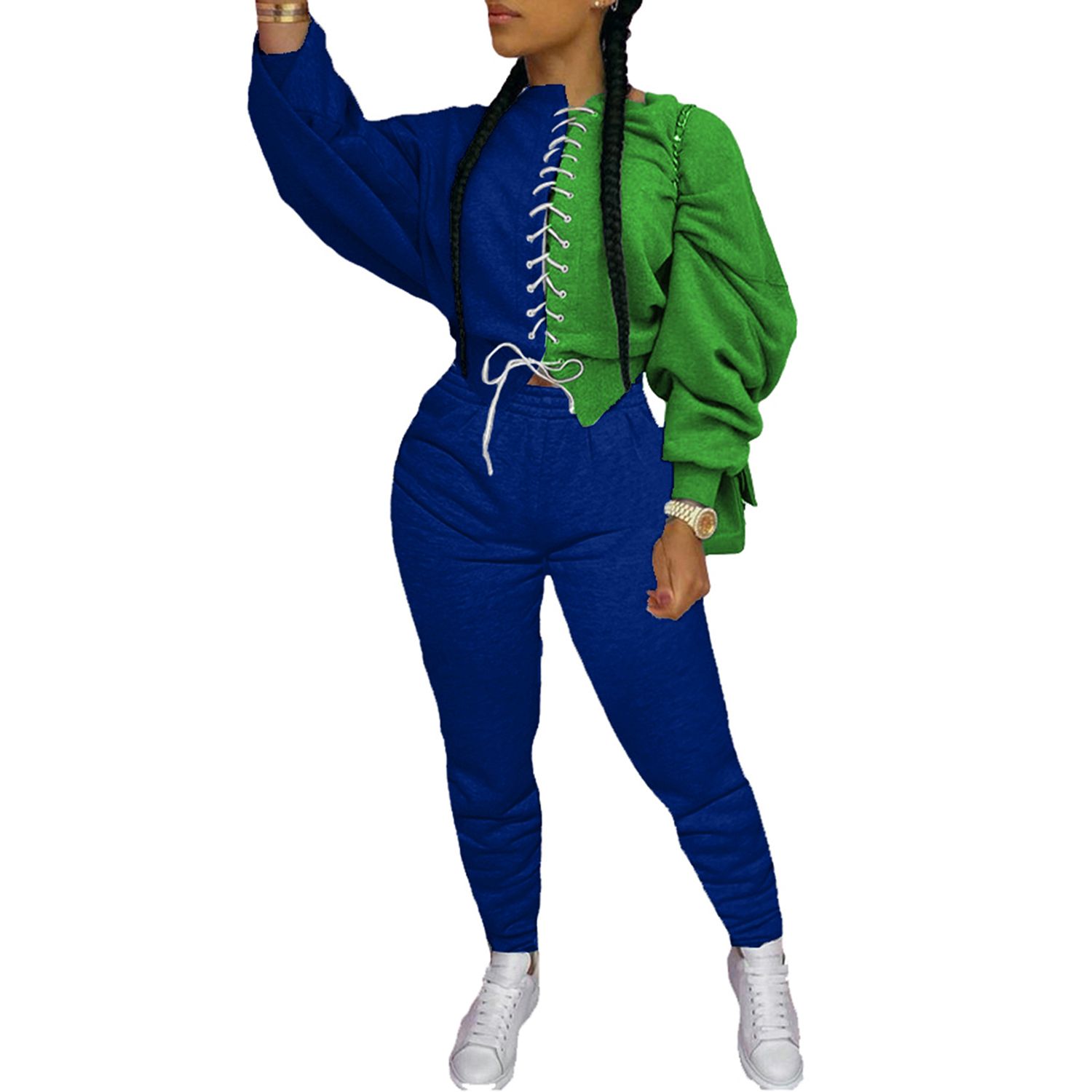 Women 2 Piece Casual Outfits, Color Block Tie Up Sweatshirts Tops Long Pant Clothes Sets