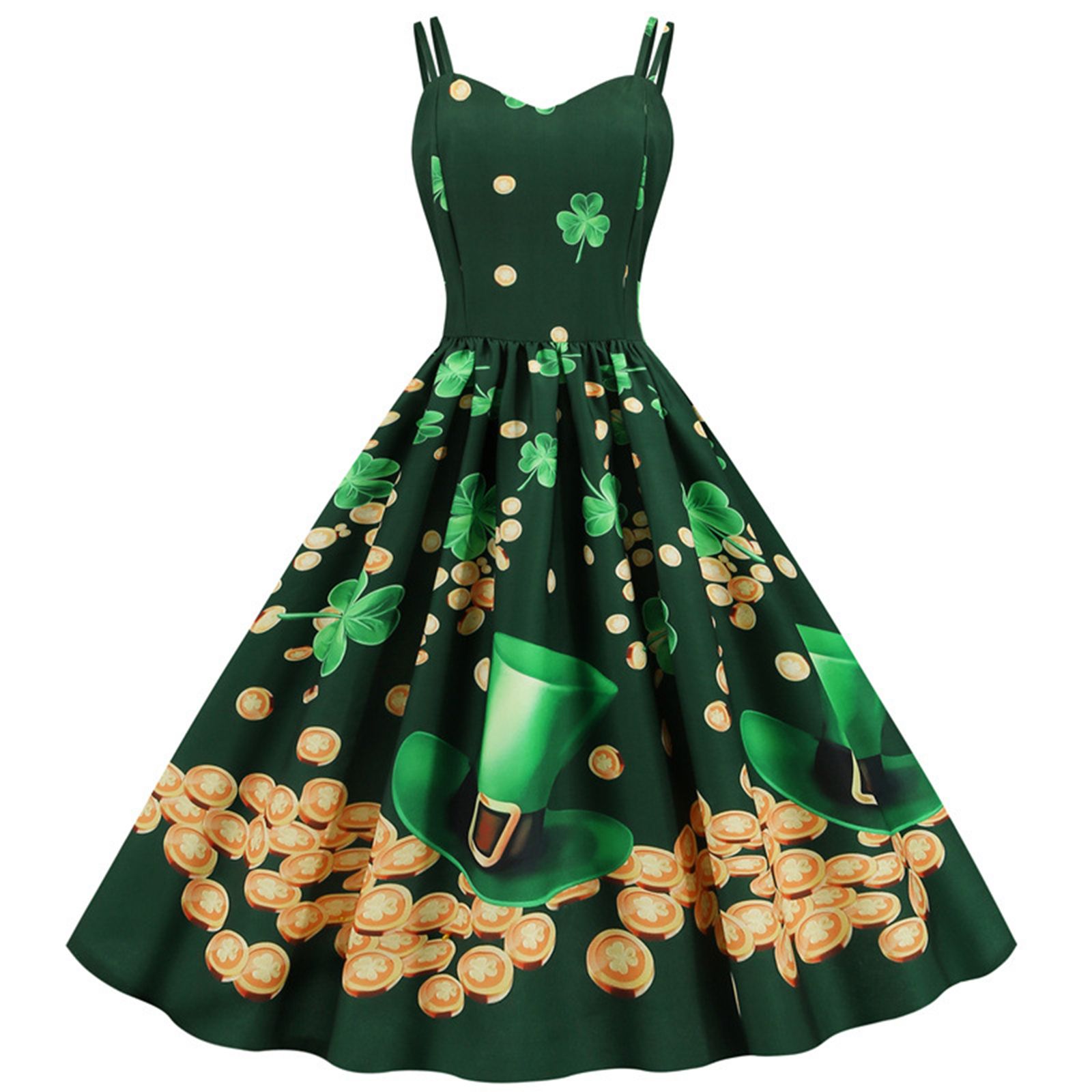 Women Spaghetti Strap Dress Big Hem 3D Print Elegant Sleeveless A-line Dress for Summer Party