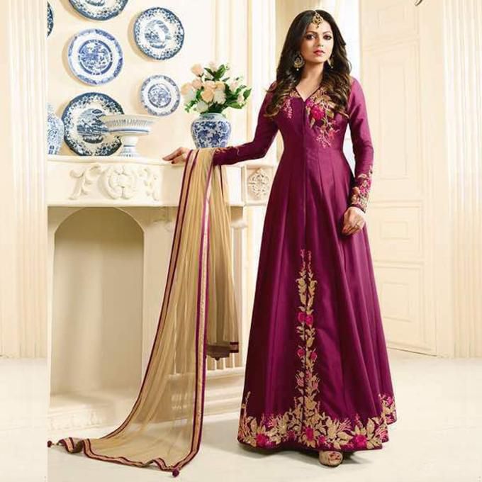 Unstitched Purple  Georgette  Embroidery  Work  Gown  For  Women