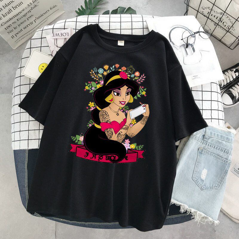 Dark Princess Tattoo girl Selfie t shirt Women Soft Cotton Tops wonderland Disney Princess graphic tees Women Cartoon T-shirts