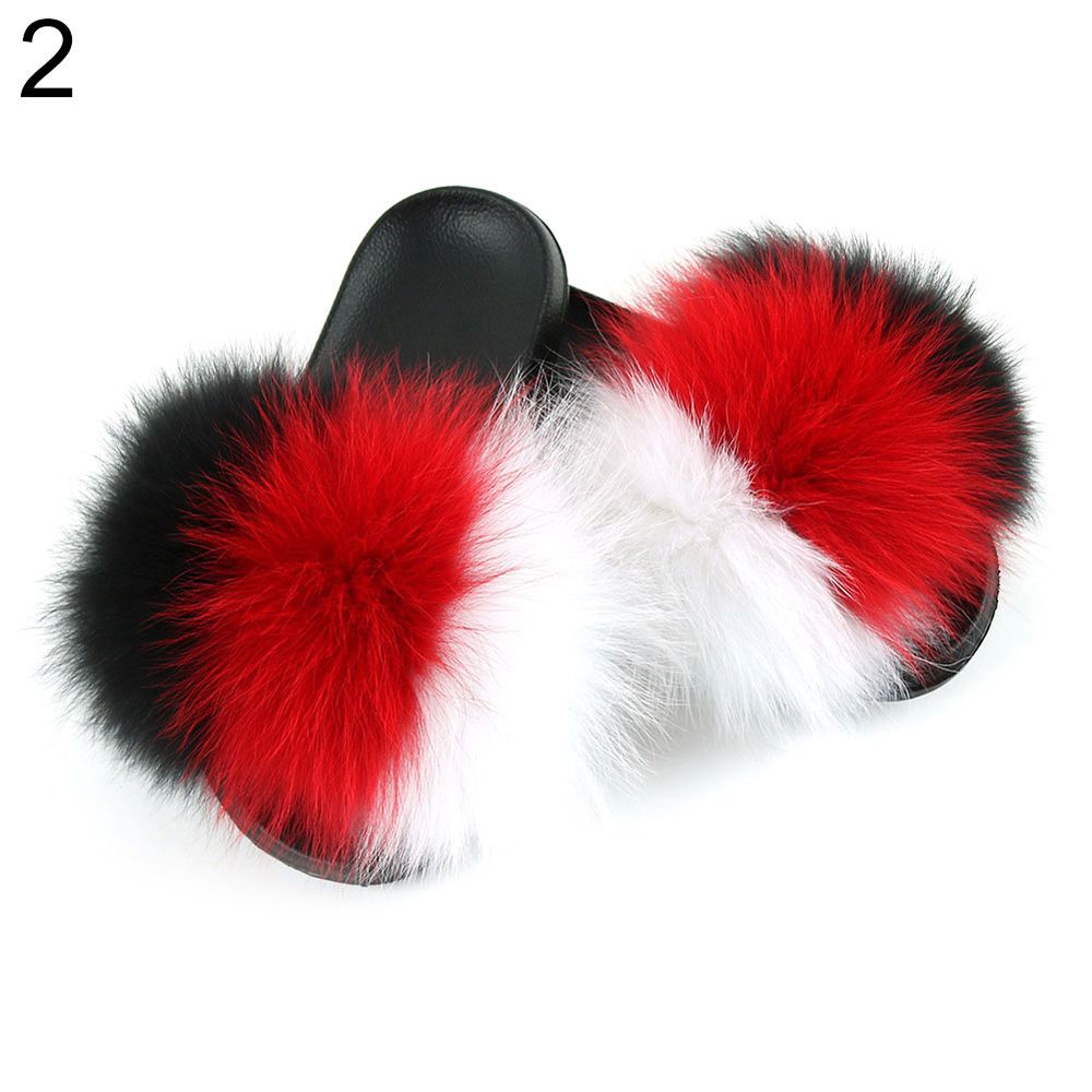 Women Faux Fur Open Toe Flat Slippers Sandals Non Slip Shoes