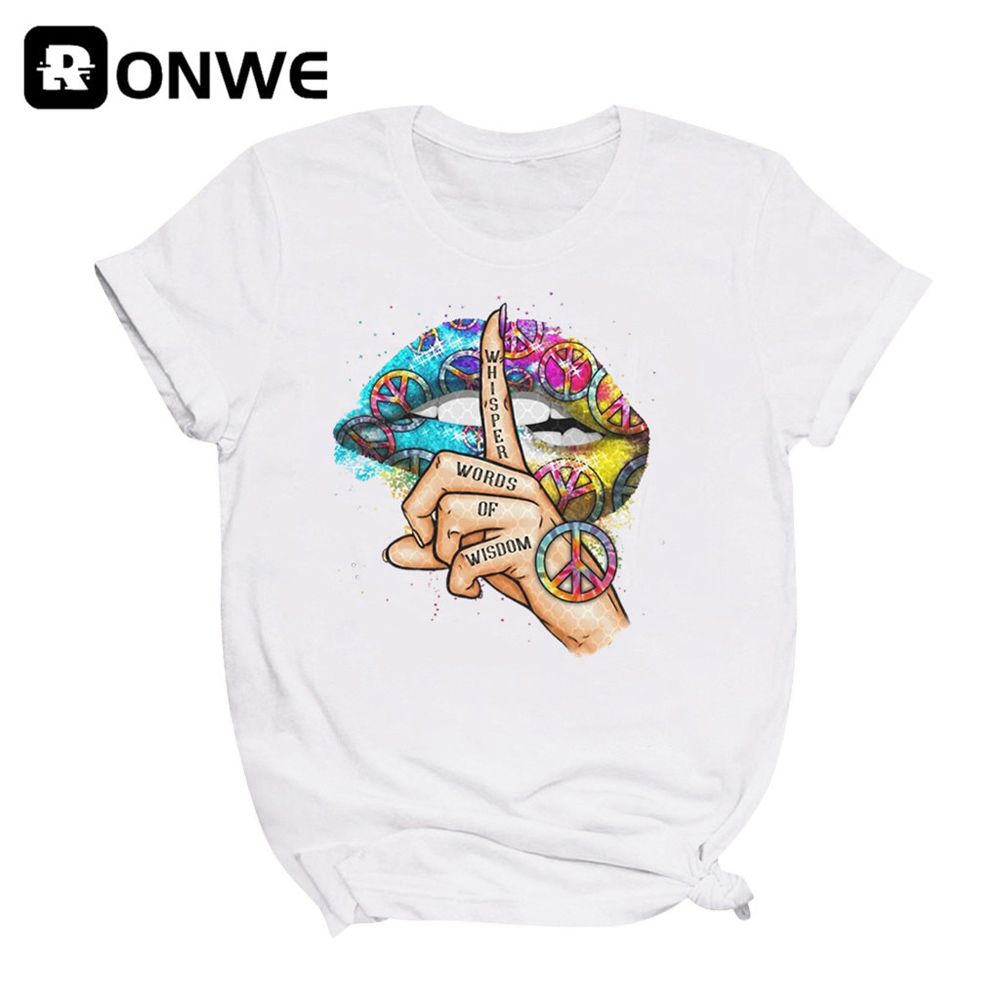 Women Lips Watercolor Graphic T Shirt Girl Base O-neck  Black Tees Kiss Lip Funny Whisper Words Girls Tshirt,Drop Ship
