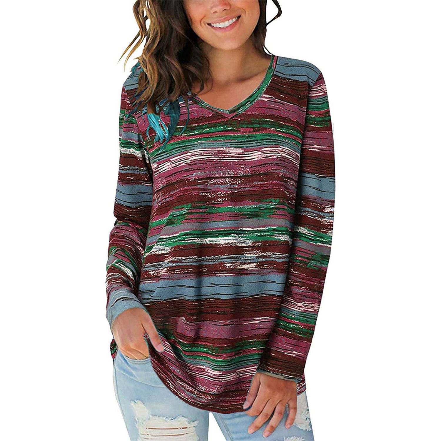 Pullover Top Good Elastic Digital Striped Print V-neck T-shirt Top