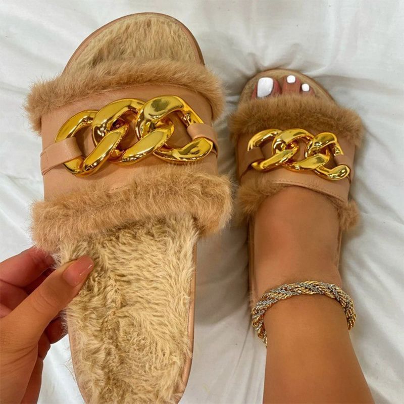Summer Plush Slippers Fashion Open Toe Solid Color Women's Sandals Metal Chain Outdoor Casual Plus Size Shoes