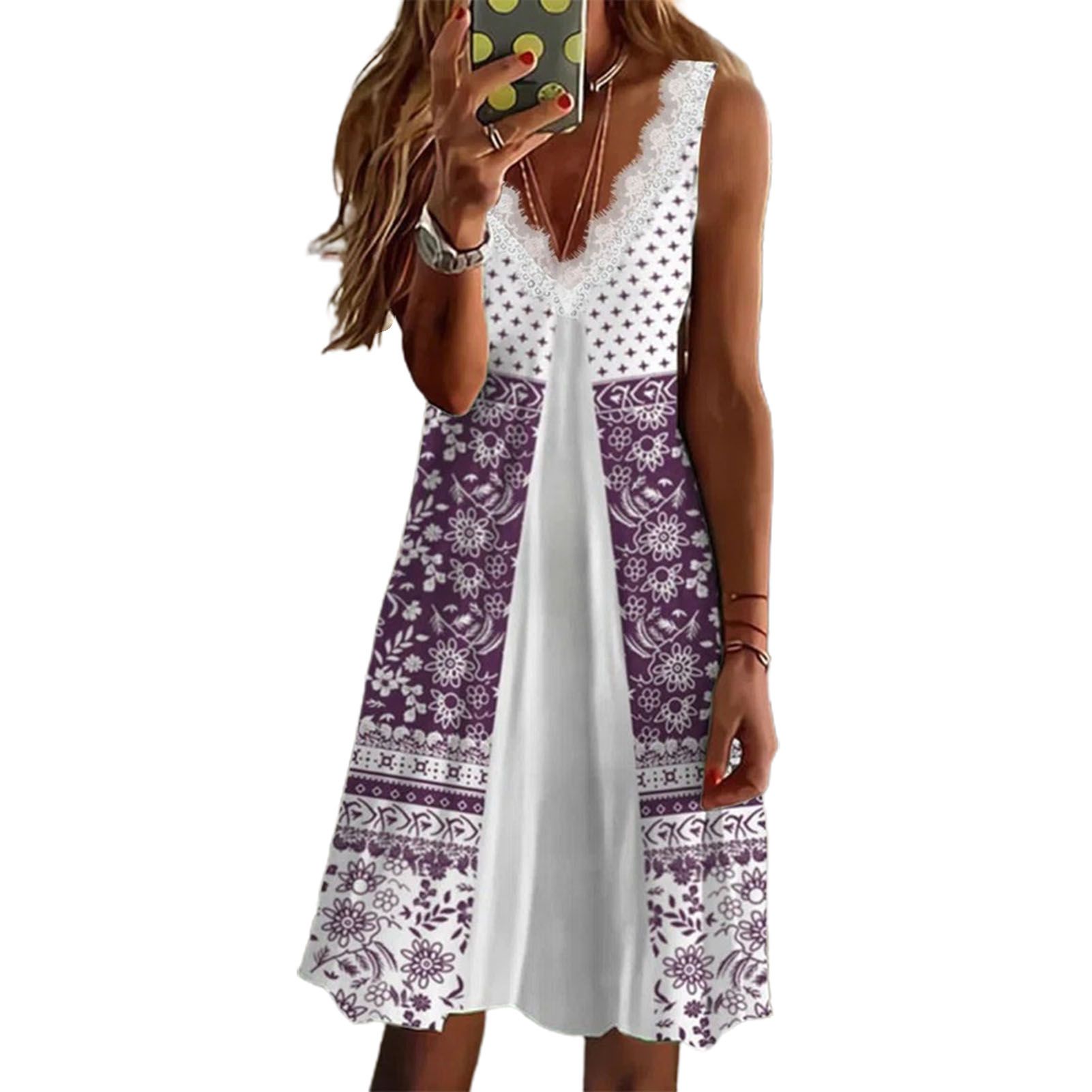 Sunnyheart Women Dressd-Rise Le Collar Floral Stitching Summer Dress