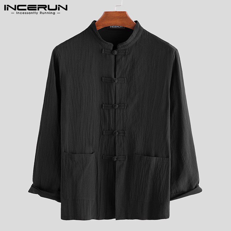 Autumn Vintage Chinese Style Shirt Men Solid Casual Button Up Cotton Stand Collar Streetwear Shirts Long Sleeve Men Tops INCERUN