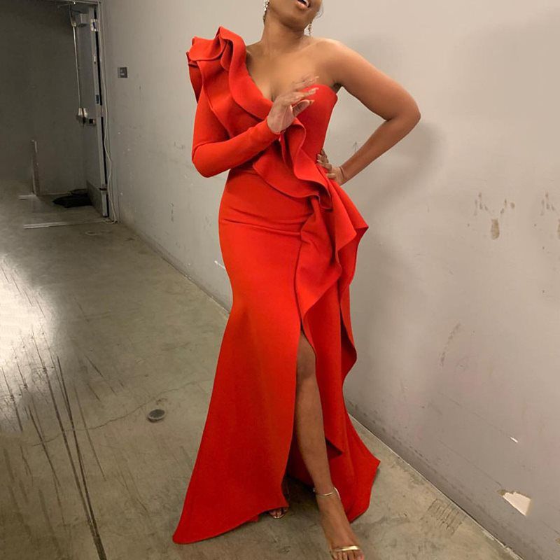 African Style Elegant Party Evening Women Long Dresses One Shoulder Bodycon Split Female Ruffles Maxi Red Dress Prom