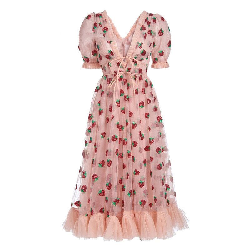 ISAROSE 2021 Strawberry Dress Women Fashion Deep V Puff Sleeve Sweet Voile Mesh Sequins Embroidery French Party Dresses 4XL 5XL
