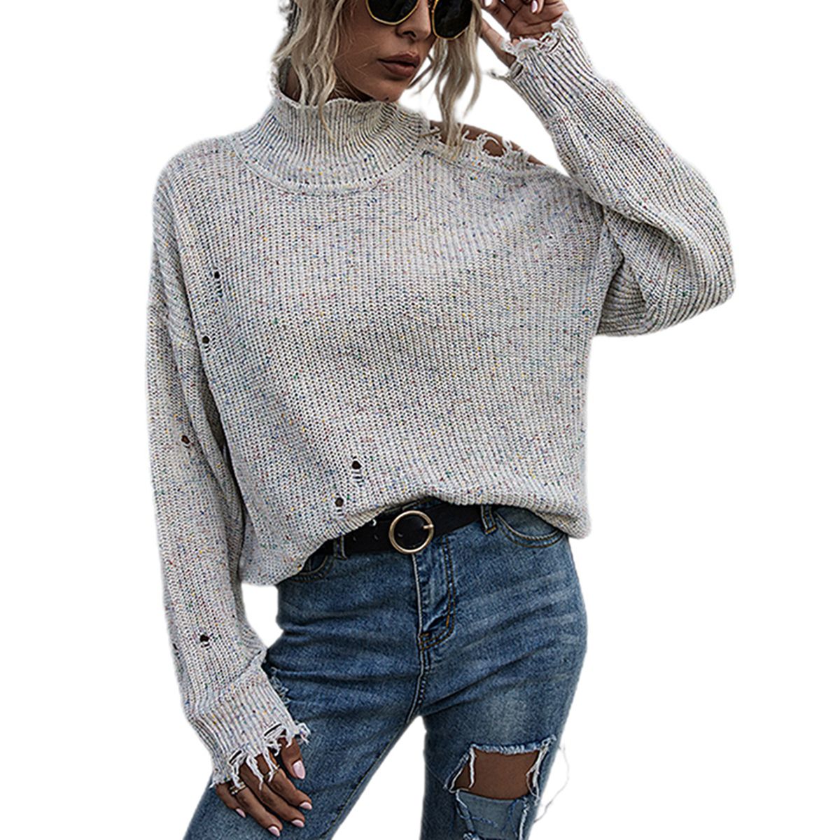 2021 Women’s Turtleneck, One Off Shoulder and One Long Sleeve High Collar Solid Color Versatile Knittin