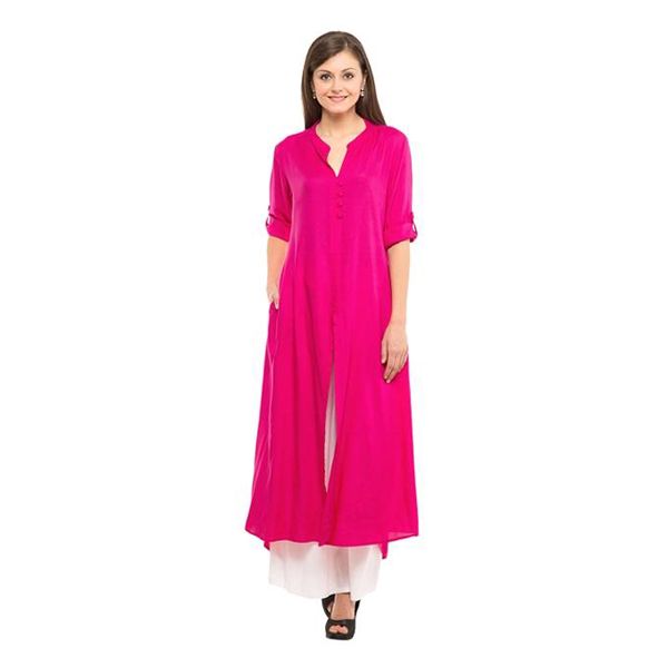 Magenta Linen Long Sleeve Casual Stylish Fashionable Single Top Kurti for Women - MiddleOpen (Tailor Made)