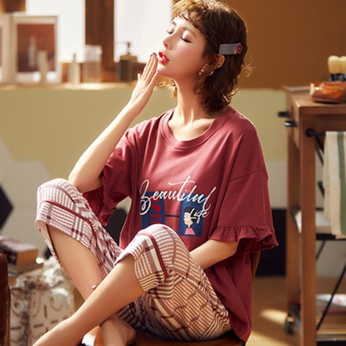 Cartoon Pajamas Set Women Sleepwear Summer Two Piece Set Nightwear Pijama Loose Calf-Length Pants Night Suit Pyjamas Femme