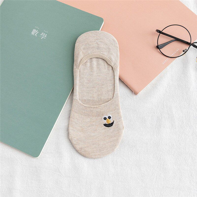 Embroidered Expression Woman Socks Cool Invisible Sock Slippers Women Summer Boat No Show Cotton 1 Pair Candy Color Dropship