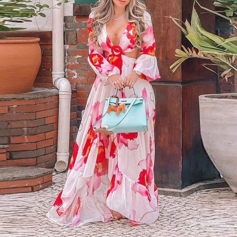 Women Deep V-Neck Hollow Out Party Dress Ladies Elegant Tie-Dye Ruffle Maxi Dresses Fashion Casual Long Sleeve Loose Dress