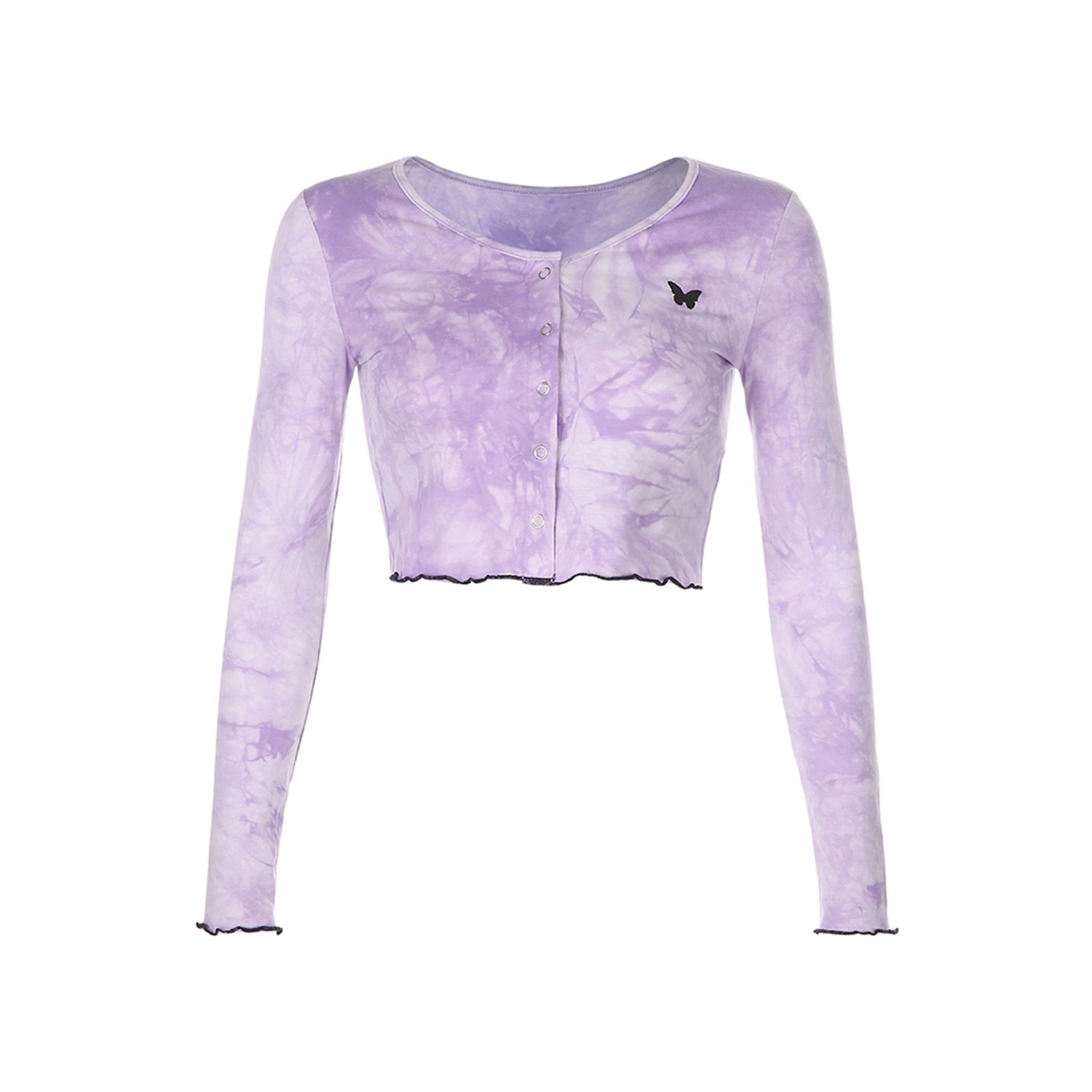 New Women’s Casual Long-sleeved Cardigan Fashion Tie-dye Round Neck Single-breasted Exposed Navel T-sh