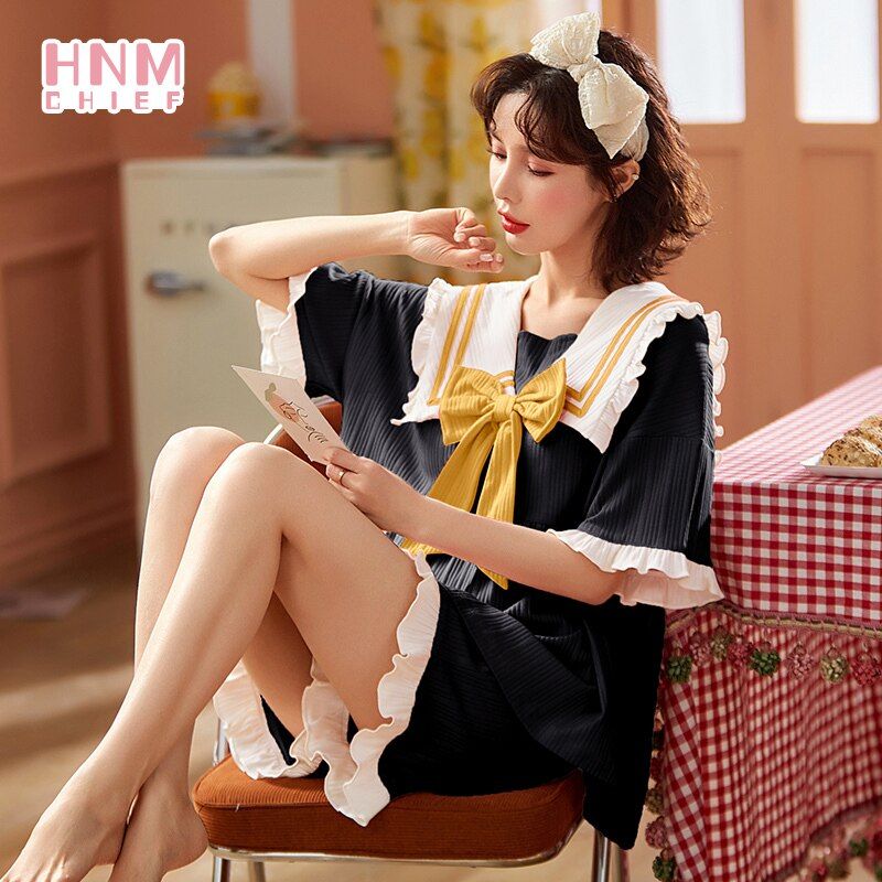 Kawaii Pajamas Pyjamas Women Plus Size Cute Princess Style Home Sleepwear Sailor Nightgown Moon Pink Bows Shorts Sets Pajama Set