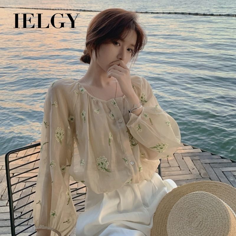 IELGY Designed niche embroidered chiffon shirt wild floral top