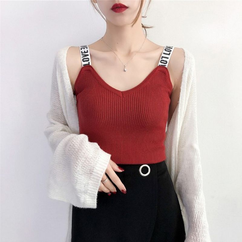 2020 Women Knitted Letter Print Suspender  Undershirt Sling Top Sleeveless Blouse Cami Shirts for Sum