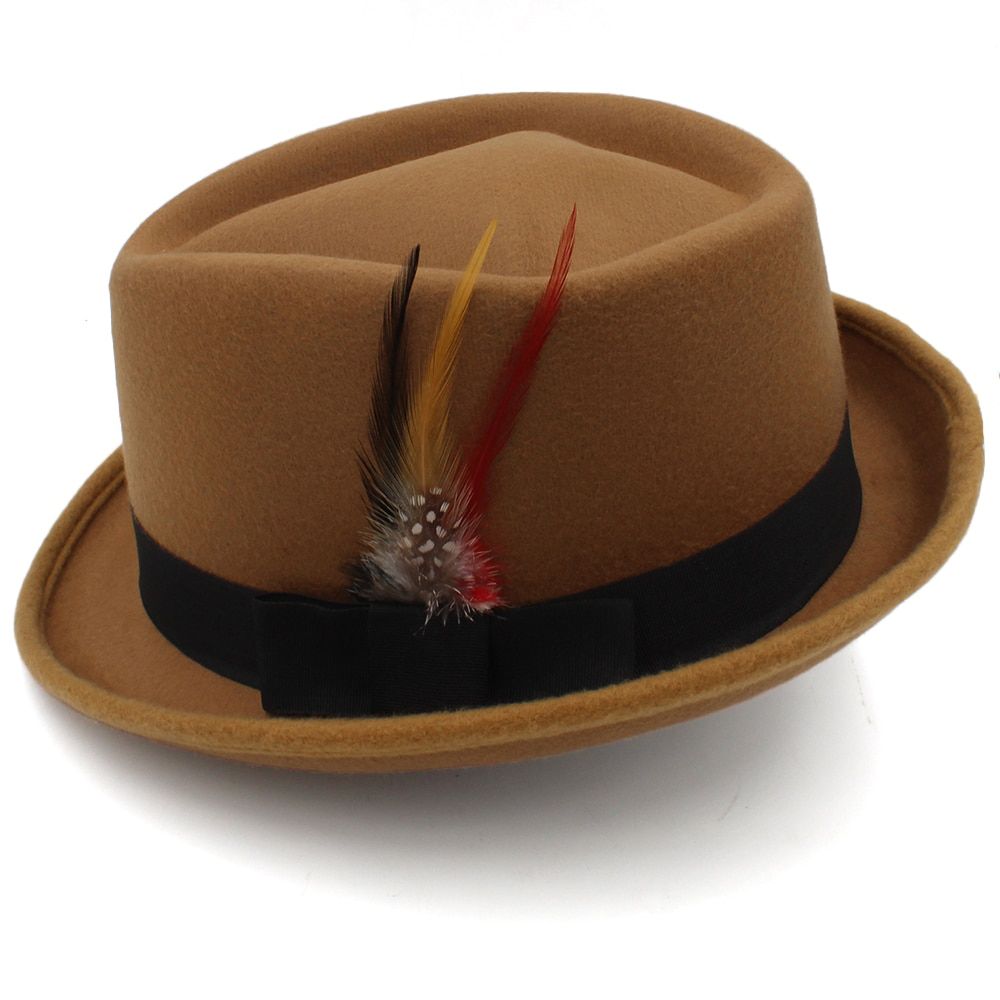Men Women Top Feather Band Pie Hats Fedora Sunhat Trilby Caps Jazz Party Travel Outdoor Winter Size US 7 1/4 UK L