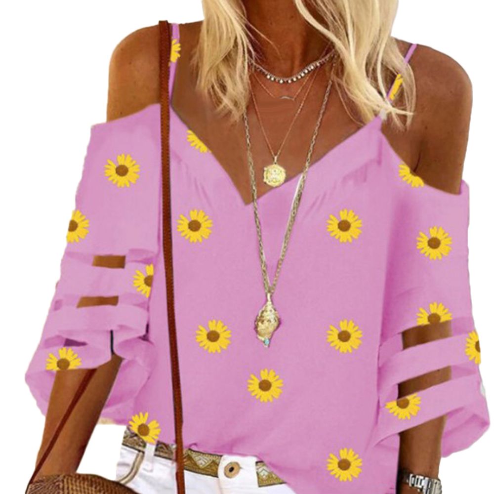 Women V Neck Hollow out 3/4 Sleeve Sunflower Print T-shirt Cold Shoulder Blouse