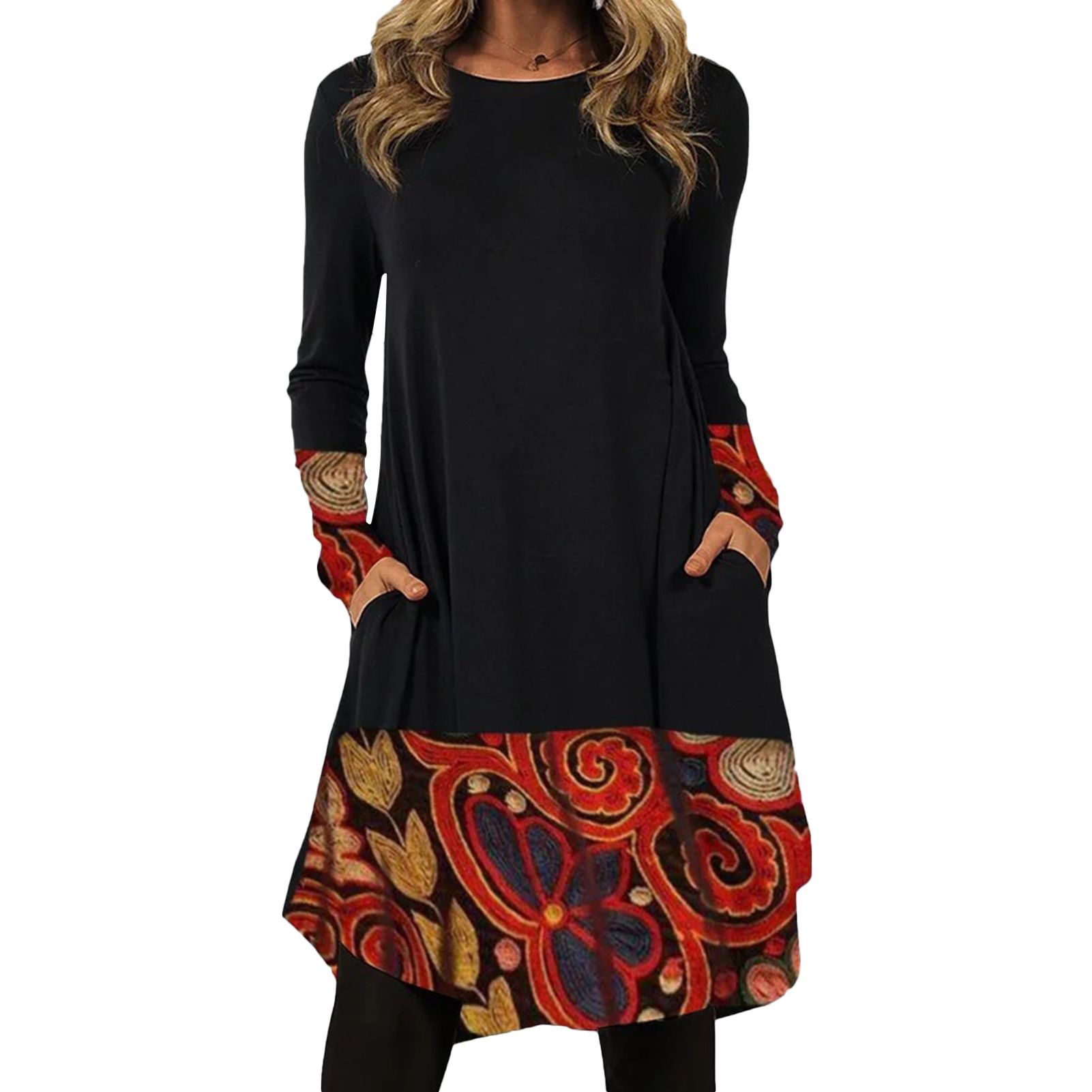 Women Dress Geometric Print Mid Waist Pockets Dress