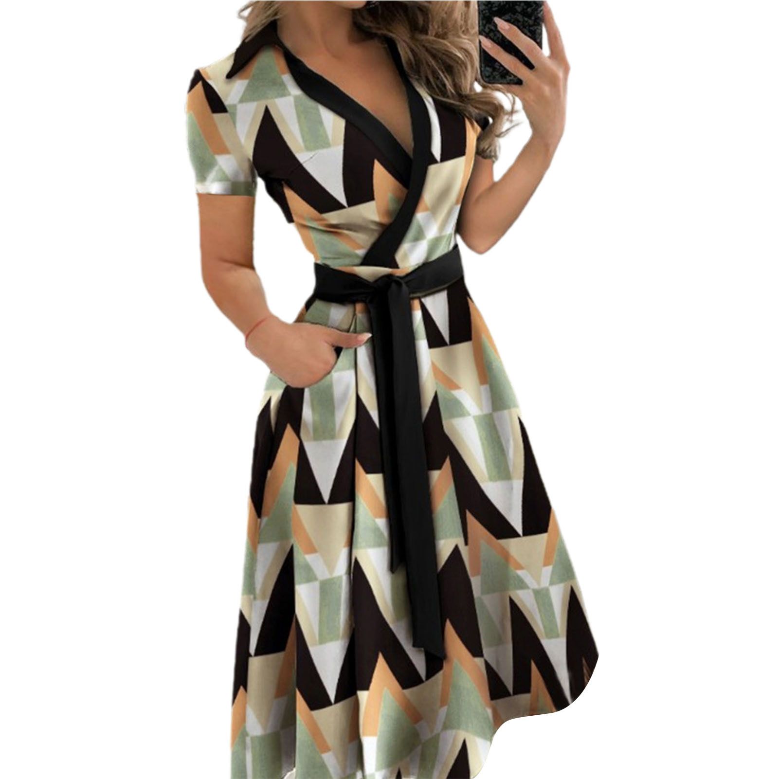 di Dress Turn-down Collar Solid Color Cross Wrapdi Dress