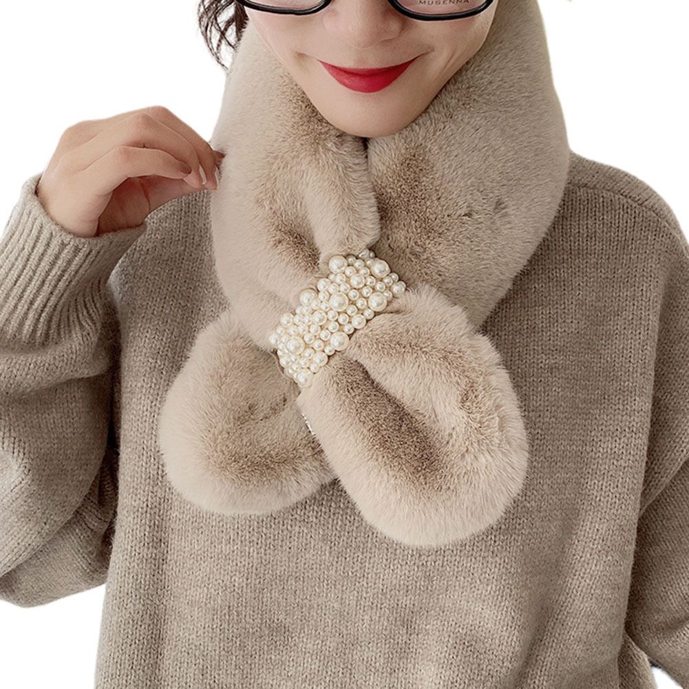 Women Solid Color Warm Faux Pearl Imitation Rabbit Fur Neck Scarf Warmer Wrap