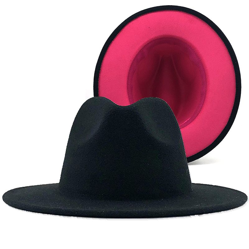 Uni Outer blue Inner yellow Wool Felt Jazz Fedora Hats with Thin Belt Buckle Men Women Wide Brim Panama Trilby Cap L XL
