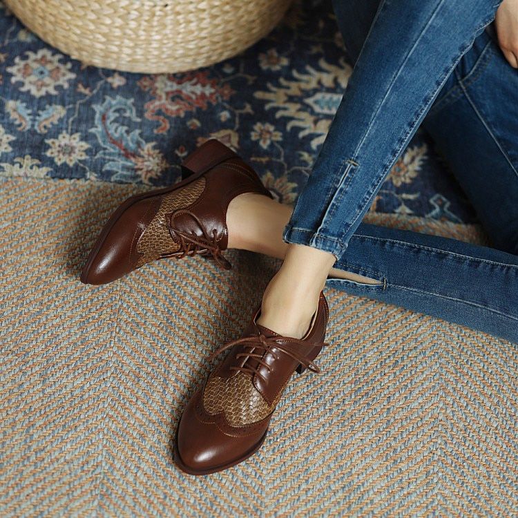 retro oxford shoes women square heel shoes brogue lace up pointed toe office ladies derby shoes party