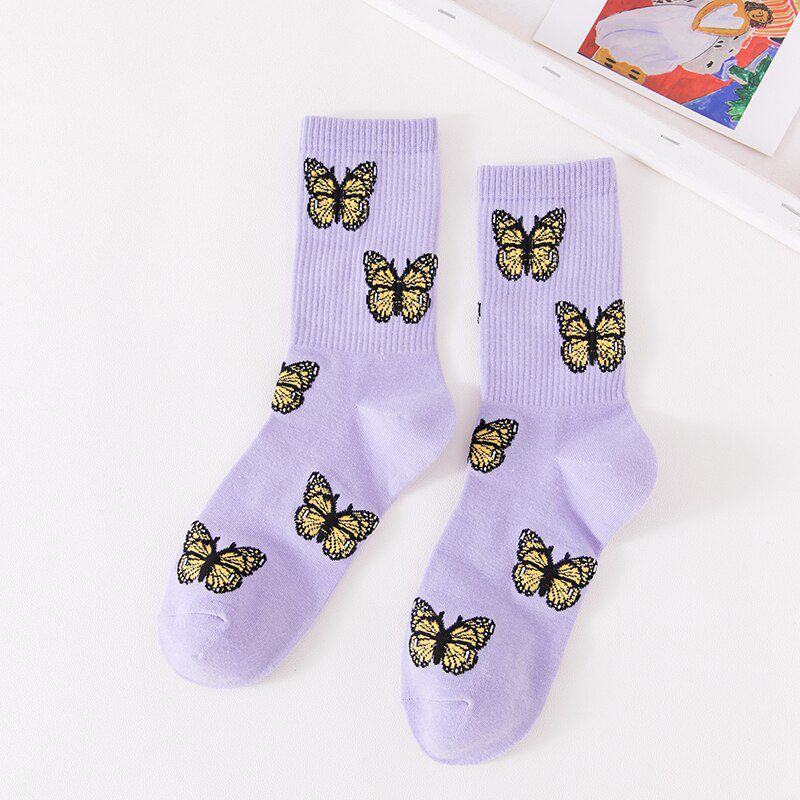 New Butterfly Socks Women Streetwear Harajuku Crew Kawaii Stripe Fashion Ankle Funny Cotton Embroidered Expression