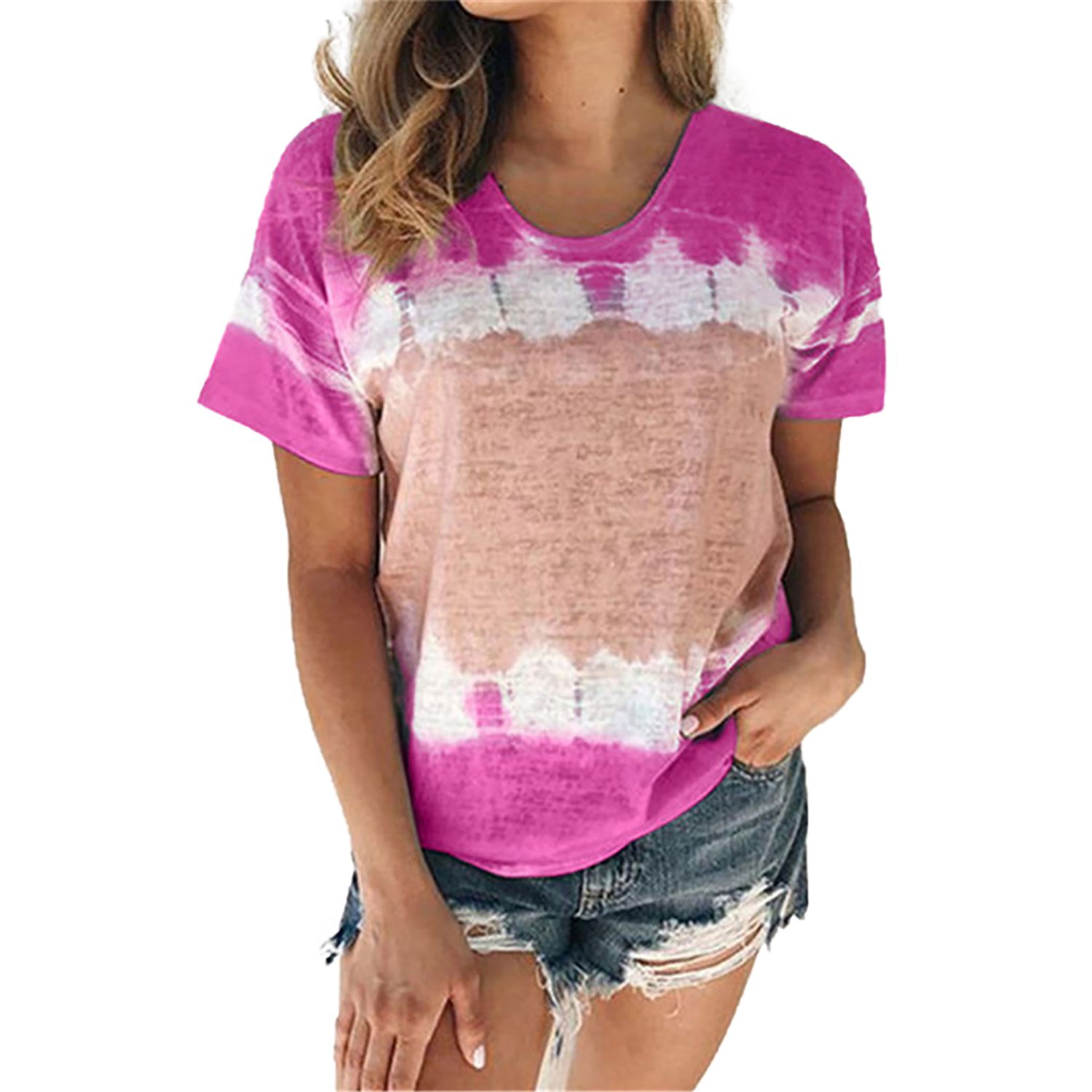 Casual Top Cozy T-Shirt Loose Round-Neck Color Block Short Sleeve Tunic Pullover Wild Fashion Top Clothes
