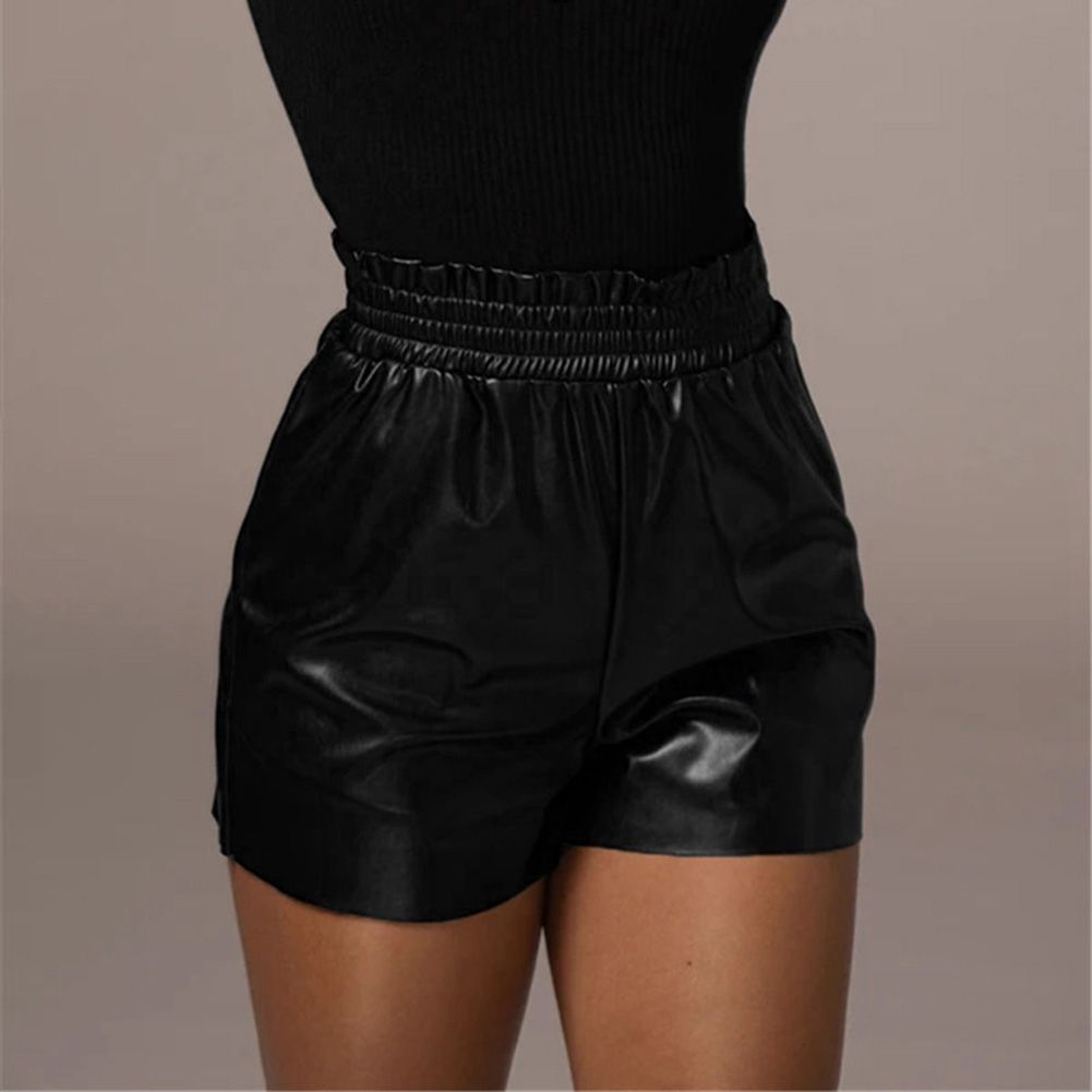 Sexy Women's  Waist Loose Hip Wide Leg Shorts PU Leather Shorts for Women Black M