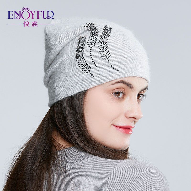 ENJOYFUR Women's winter Warm thick soft rabbit hair female wool knitted hats with Rhinestone