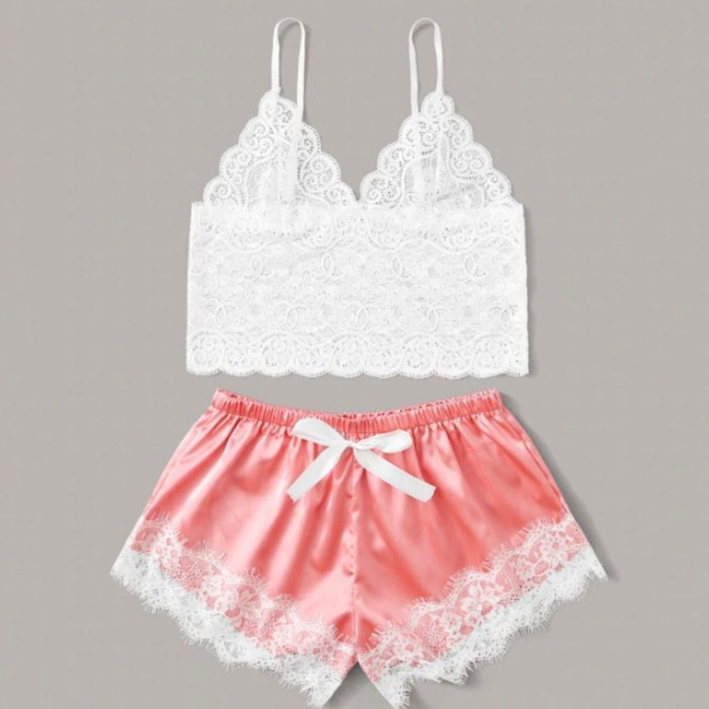 y Lingerie Women Pajamas Lace Nightwear Set  Clothes Straps Pijama Ladies Short Sleepwear Pajama Suit