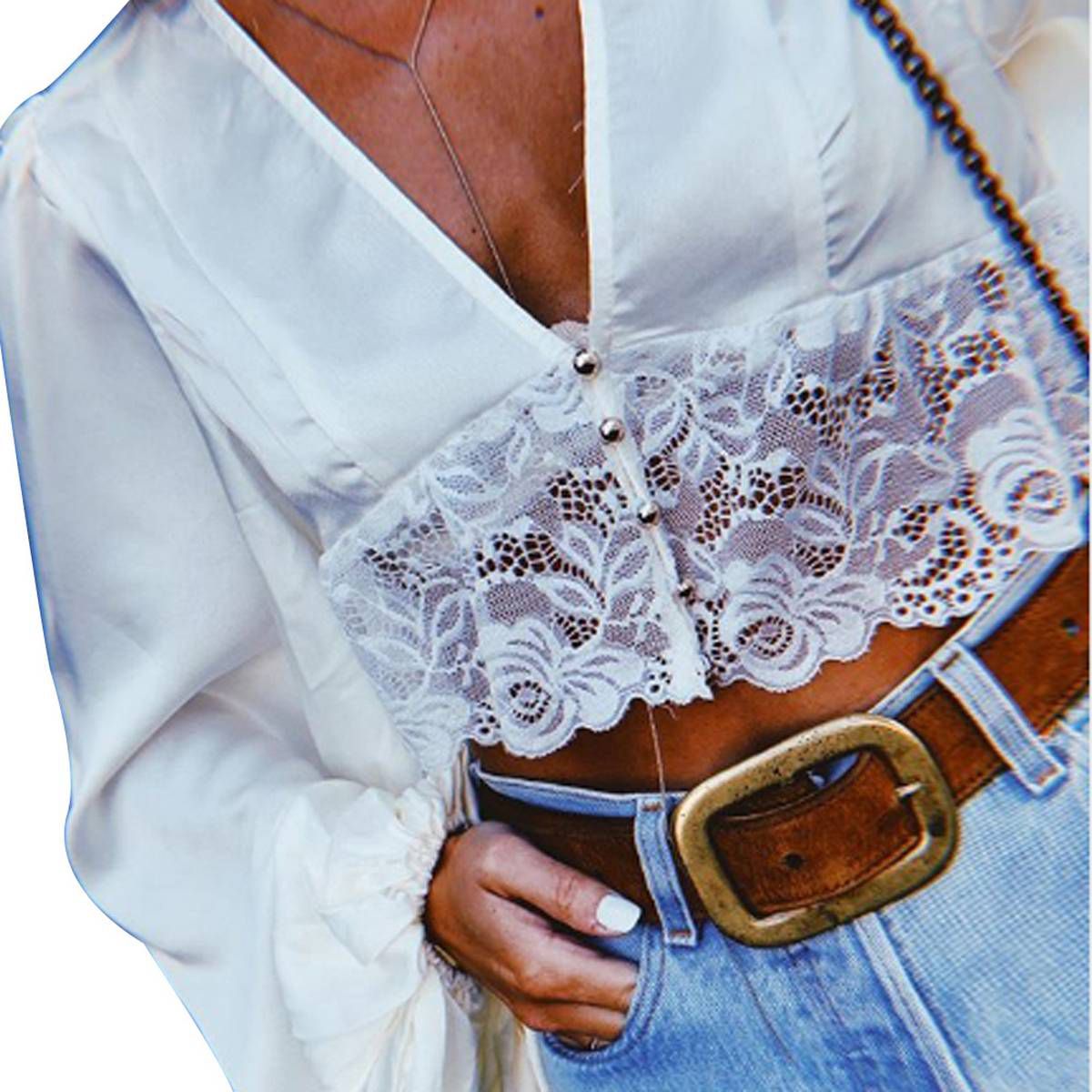 Fashion Lace Splicing Top  Ladies Deep V-Neck Blouses with Button Long Sleeve Hollow-Out Blouses