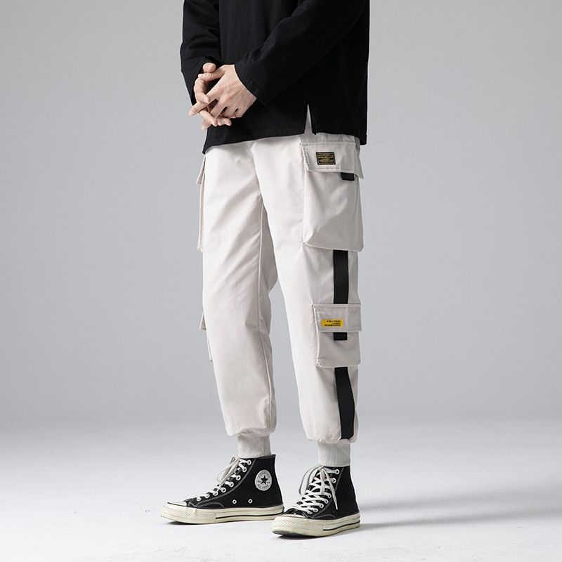 Spring Summer Men Ribbons Color Block Black Pocket Cargo Pants Harem Joggers Men Harajuku Sweatpant Male Hop Trousers