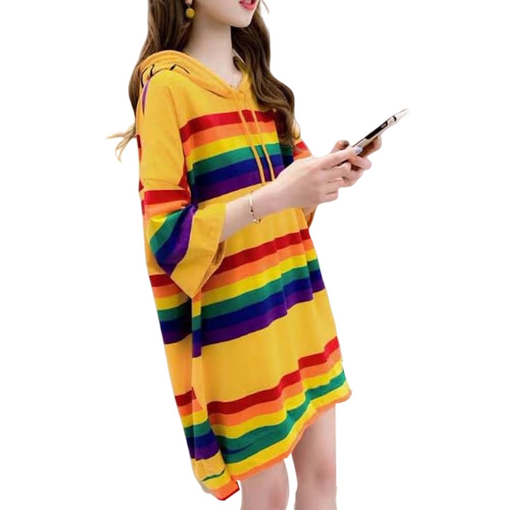 New Women's 1/2 Sleeve Loose Oversized Baggy Rainbow Striped Tops  Pullover Casual Blouse T-Shirt With H