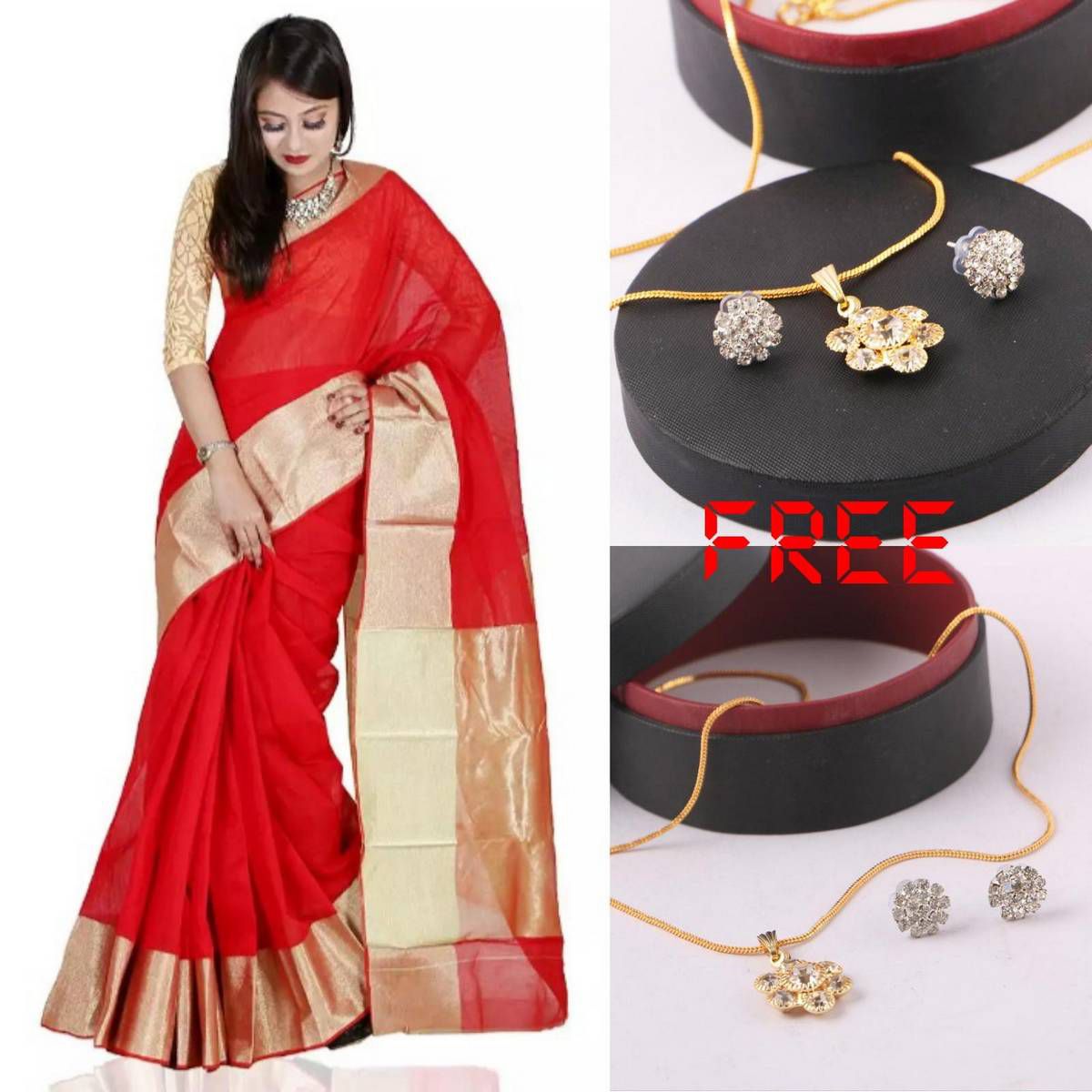 Red Silk Zori Saree For Women With (Pendant Free)