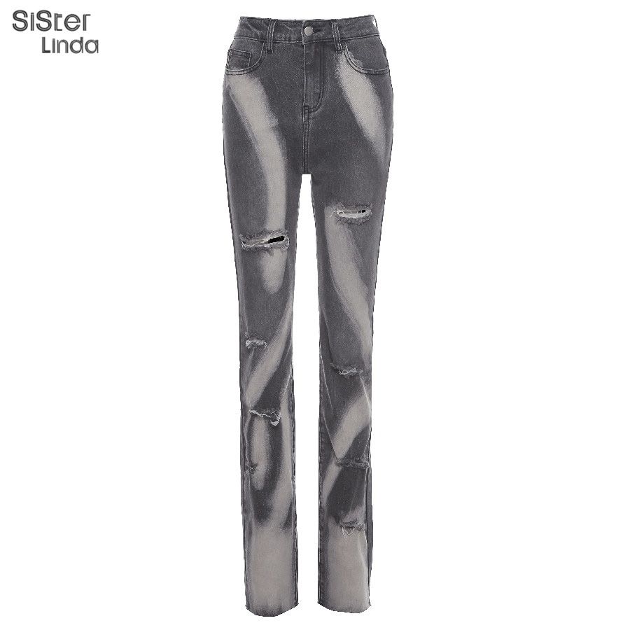 Sisterlinda Cotton Ripped Hole Trend Jeans Women Distressed Trousers Chic High Waist Stacked Harem Pants Ladies Clothing